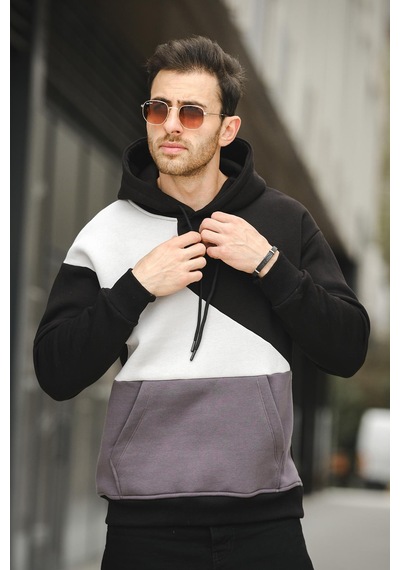Placide Üç İplik Pamuklu Parçalı Kapüşonlu Erkek Sweatshirt 001