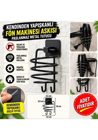 Kendiliğinden Yapışkanlı Siyah Paslanmaz Metal Fön Makinesi Askısı Saç Kurutma Makinesi Tutacağı Adet Fiyatı Diğer