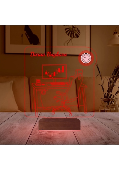 Luvivia Bilgisayar Trader Borsacı Broker Kişiye Özel Metal Saatli 3d Lamba - Masa Gece Lambası Şeffaf