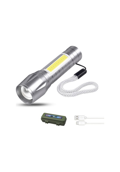 Skycity Usb Şarjlı 3 Modlu Cob El Feneri - 360 Lümen Parlaklık, Zoom Özellikli, Su Geçirmez Gümüş