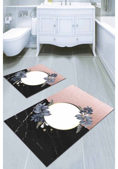 Pembe Çiçekli Desen Banyo Halısı Klozet Paspas Seti Bs005n11