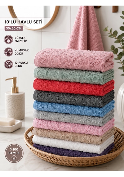 10'lu Mutfak Havlusu Seti 30x50 Cm Pamuklu Kurulama Bezi Renkli El Havlusu Yüksek Emici Çok Amaçlı Çok Renkli