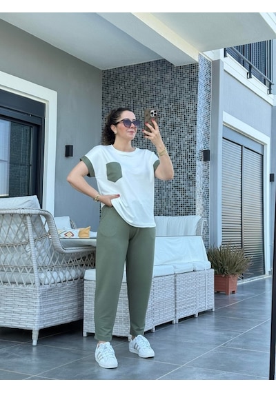 Moderie Butik Kadın Kristal Kumaş Garnili Cep Detaylı Ikili Takım Yeşil