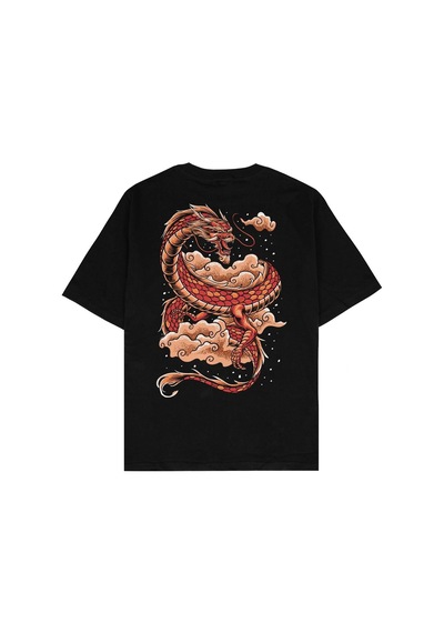 Adrift Red Dragon Siyah Oversize Unisex T-shirt Siyah