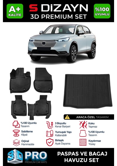 S-dizayn Honda Hr-v 3d Pro Havuzlu Paspas Ve Bagaj Havuzu Seti 2'li Set 2020 Üzeri A+ Kalite