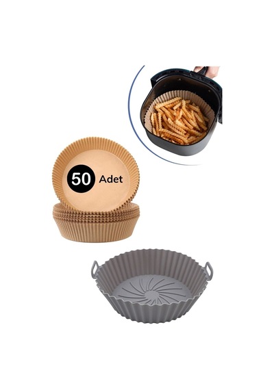 Renkli Silikon Airfryer Gri Yuvarlak Pişirme Matı 20 Cm Ve 50 Adet Pişirme Kağıdı Plastik Beyaz Diğer