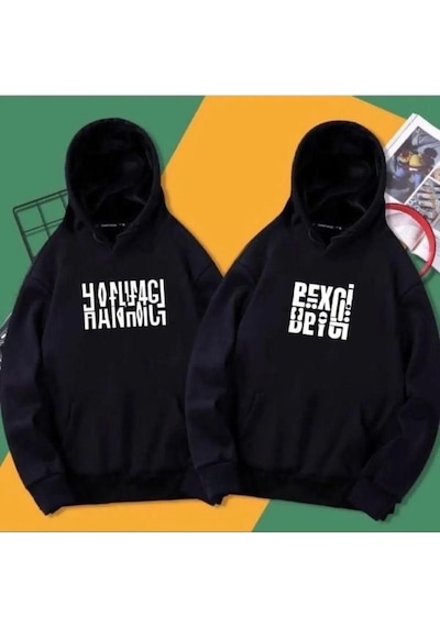 Altamira Unisex 2'li Siyah Hanımcı Ve Beyci Baskılı Oversize Kapşonlu Sweatshirt 001
