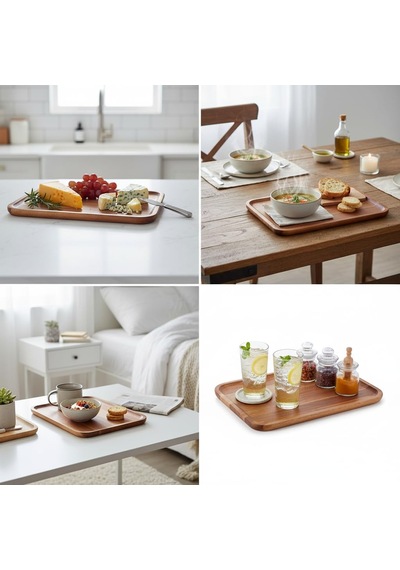 Akasya Ahşap Servis Tepsisi Ve Sunumluk 33x24 Cm Doğal Akasya Ağacı Kahvaltı, Peynir, Şarküteri Ve İkram Tabağı Kenarlı Ahşap Tepsi Çok Renkli