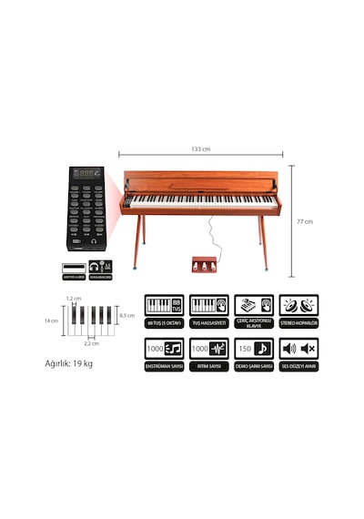 Jwin Sapphire Sdp-115 Çekiç Aksiyonlu 88 Tuşlu Dijital Piyano - Kahve