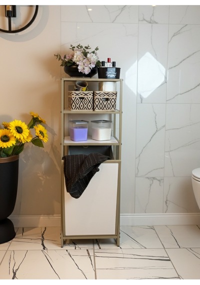 3 Raflı Çamaşır Sepeti Dolabı Metal Gövdeli Banyo Organizeri & Kirli Çamaşır Sepeti Cappucino Bej