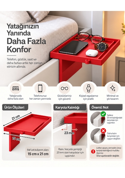 Yatak Yanı Pratik Raf Kırmızı