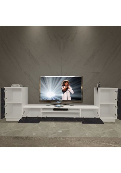 Decoraktiv Trendstyle On2 Mdf Tv Ünitesi Tv Sehpası Beyaz - Siyah Mermer