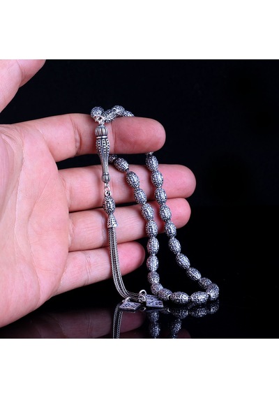 Tesbihsepetim Tamamı 925 Ayar Gümüş Arpa Kesim Tesbih Gri