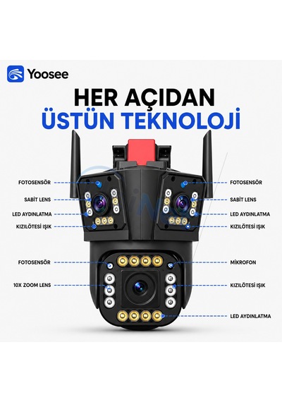 Uninet 5mp Üç Kameralı Wifi Ptz Güvenlik Kamerası 355 /90 Dönebilen Kamera , Akıllı Takip, Dijital Zoom, Siren Ve Ip Dış Mekân