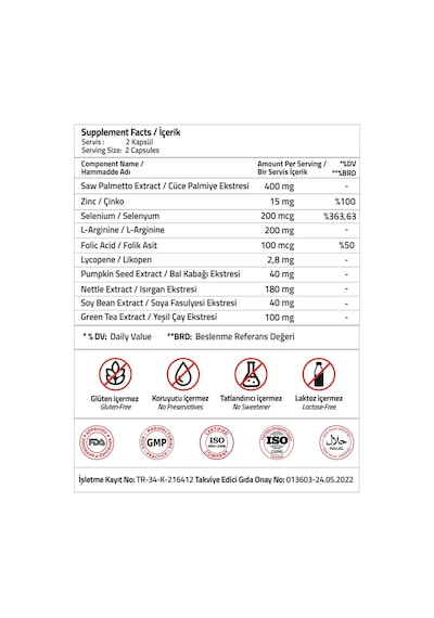 Validus Saw Palmetto 400 Mg L-arginine Pumpkin Seed Lycopene 60 Kapsül