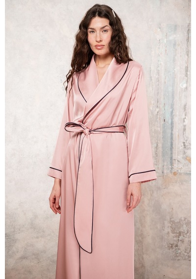 Francesca Gül Kurusu Uzun Saten Biye Detaylı Sabahlık / Kimono Pembe