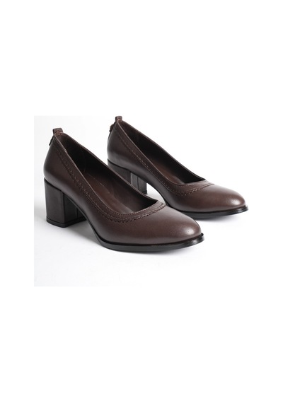 Analin Shoes Kadın Hakiki Deri Dikiş Detaylı Günlük Kalın Topuklu Ayakkabı Kahve