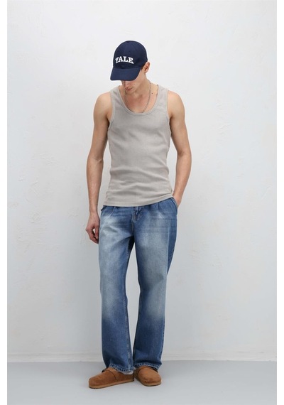 Vamos Pileli Zincir Detaylı Baggy Jean Mavi