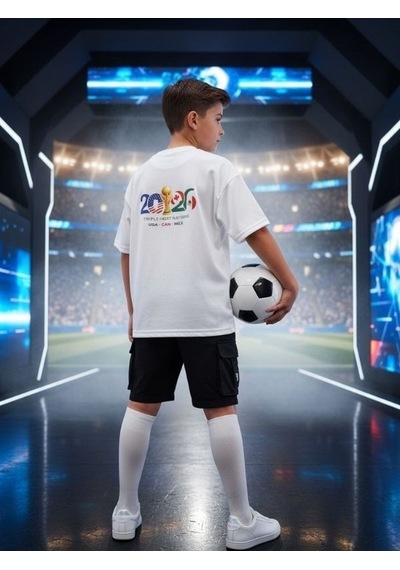 Zekids Erkek Çocuk World Cup 2026 Baskılı T-shirt-17252 Beyaz