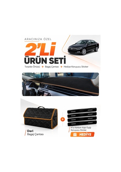 Volkswagen Passat B8 2015-2020 Uyumlu Torpido Örtüsü + Deri Çanta + Sticker - Siyah Kahverengi