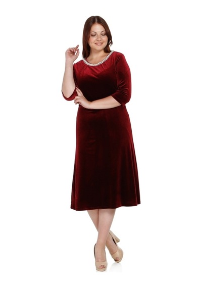 Nidya Moda Büyük Beden Yaka Pilili Elbise-4074B Bordo