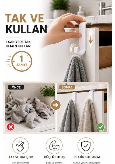 Sas Haus Kapı Üstü Askılık 6'lı Plastik Kanca Seti Havlu Bornoz Çanta Askısı Siyah Beyaz S-161 Krom