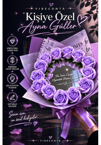 Kişiye Özel Aynalı Gül Buketi Mor Yapay Gül Buketi Notunuz Eklenir Sevgiliye Romantik Hediye -