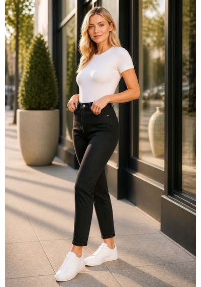Woddi Btl Kadın Siyah Mom Likralı Jean Kot Pantolon New-4