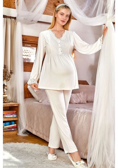 Cossy By Aqua 24159 Kadın Hamile Lohusa Uzun Kollu Pijama Takımı-krem