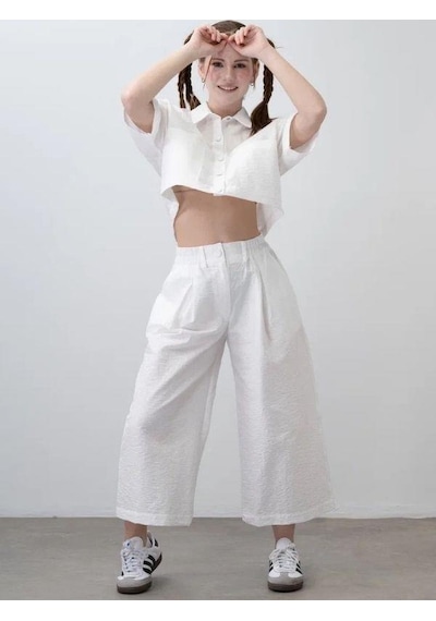 Zekids Kız Çocuk Crop Gömlek Poplin Pantolon Takım-15793 Beyaz