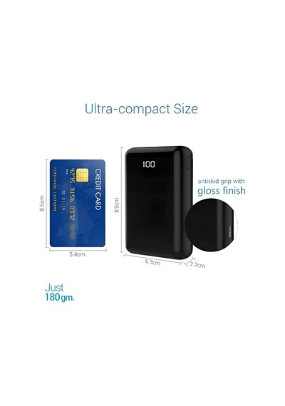 10000 Mah Taşınabilir Powerbank, Çift Usb Çıkışlı 2.1a Hızlı Şarj , Led Dijital Ekranlı, Ultra İnce Ve Hafif 180 G, Telefon Ve Tablet Uyumlu Siyah