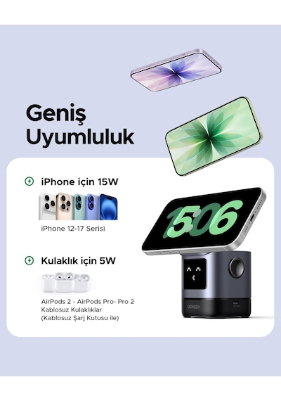 Uno Qi2 20w 2'si 1 Arada Kablosuz Şarj Cihazı 15w İphone + Airpods 5w Siyah