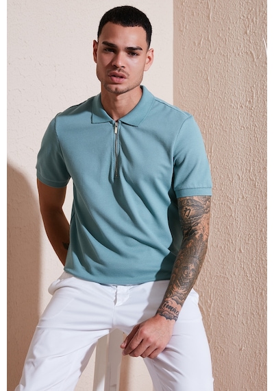 Buratti Pamuklu Regular Fit Fermuarlı Erkek Polo Yaka T Shirt 5902915 Mavi