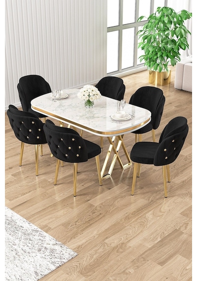 Canisa Zae Serisi 90x168 Lak Panel Beyaz Mermer Desen Gold Ayak Masa Takımı 6 Siyah Sandalye Beyaz Mermer Desen Masa Sandalyeler Gri Canisa Zae Serisi 90x168 Lak Panel Beyaz Mermer Desen Gold Ayak Masa Takımı 6 Siyah Sandalye Beyaz Mermer Desen Masa Sandalyeler Gri