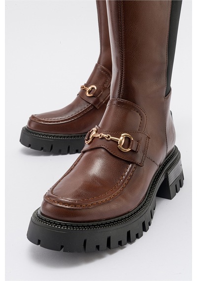 Luvishoes Chapel Taba Cilt Tokalı Streç Detaylı Kadın Çizme Taba