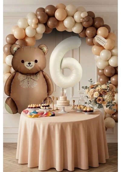 6 Yaş Retro Folyo Karamel Papyonlu Ayıcık Kahverengi Ten Kum Beji Kuşak Balon Krem Rakam Doğum Günü Süsleme Kahverengi - Krem