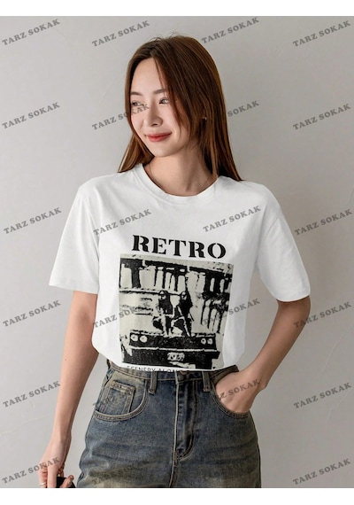 Retro Baskılı Oversize Kalıp Unisex T-shirt Beyaz