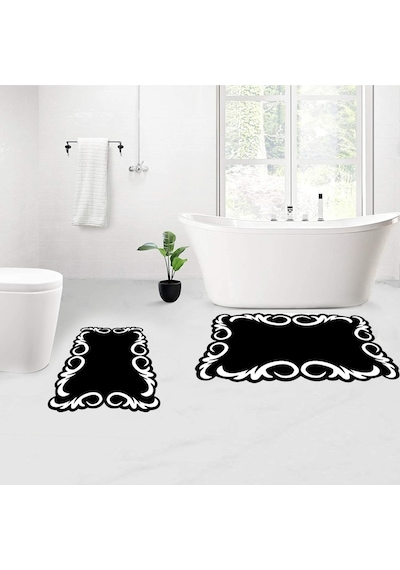 Rovigo Home Baskılı Kaymaz Taban 2 Li Banyo Paspas Takım Rvg5115-100X60-60X50 Siyah