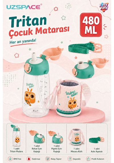 480 Ml Kılıflı 2 Ayrı Kapaklı Pipetli / Pipetsiz Tritan Çocuk Su Matarası Yavruağzı-yeşil