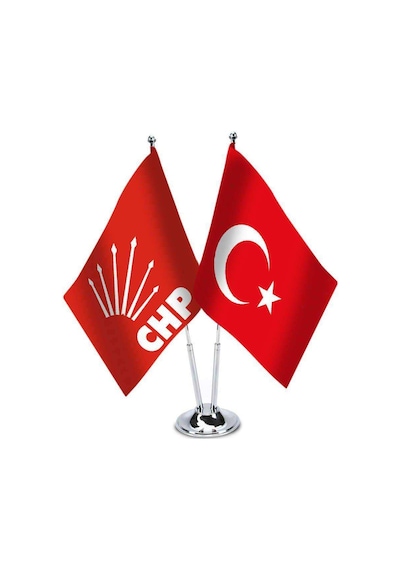Kırmızı Chp Ve Türkiye - İkili Saten Masa Bayrağı Set 1