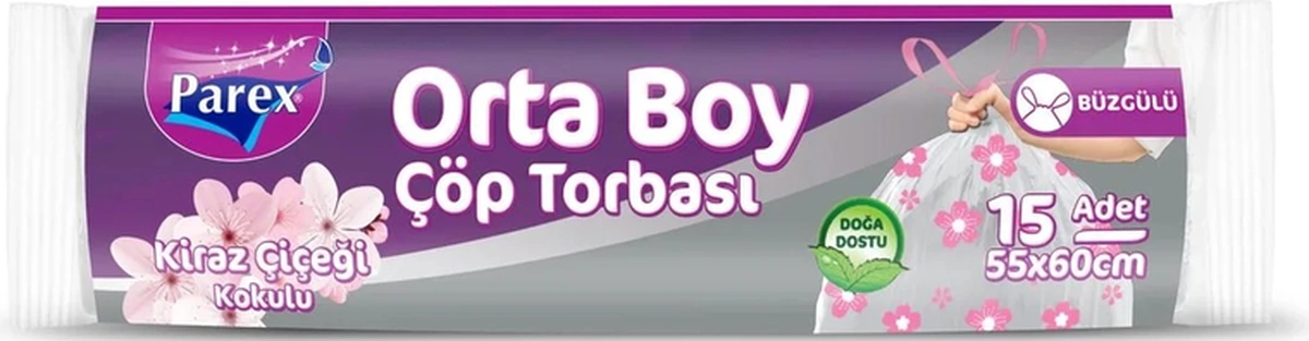 Premium Büzgülü Çöp Torbası Kiraz Çiçeği Kokulu Orta Boy 15'li 55 X 60 Cm
