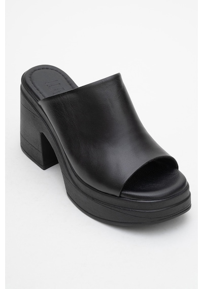 Luvishoes Nola Siyah Cilt Hakiki Deri Kadın Platform Topuklu Terlik Siyah