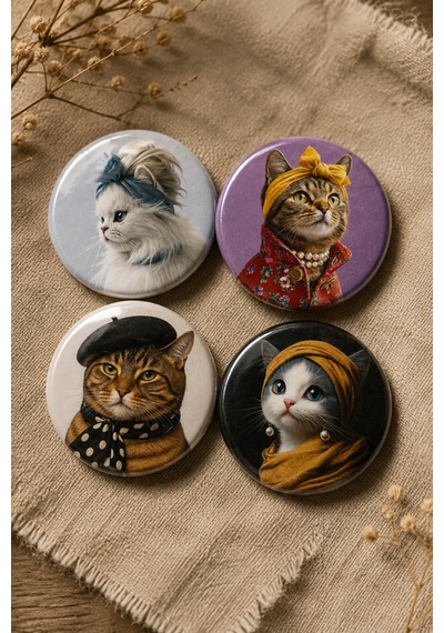 4 Lü Kedi Temalı Rozet Seti 58mm Vintage Moda Kedi Tasarımları Çanta, Kıyafet Ve Aksesuar Rozeti Çok Renkli