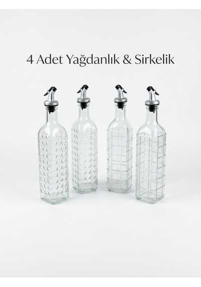 4 Adet 1 Lt Cam Yağdanlık Sirkelik Seti - Akıllı Dökme Tıpalı Desenli Cam Yağ Şişesi Şeffaf