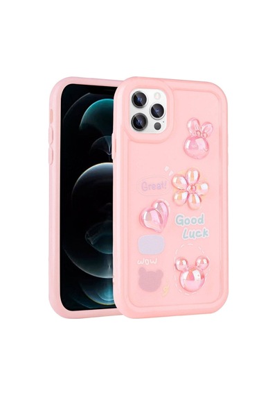 Apple Uyumlu iPhone 12 Pro Max Kılıf Kabartma Figürlü Parlak Zore Toys Silikon Kapak Pembe