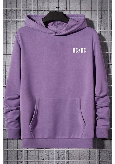 Uyguntarz Unisex Ac Dc Baskılı Kapüşonlu Sweatshirt Lila