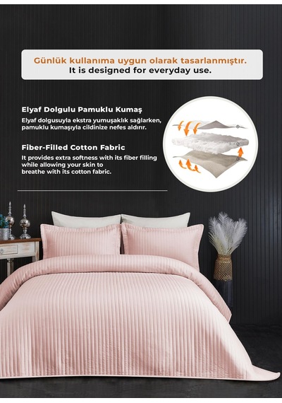 Evlen Home Judy Pamuklu Yatak Örtüsü Pike Takımı Çift Kişilik Çizgili Günlük Sade Düz Pudra Pudra