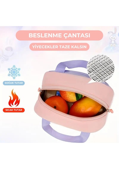 Kore Tarzı Aksesuarlı 3'lü Kız Çocuk İlkokul Ortaokul Çantası Sırt Çantası Termal Beslenme Kalemlik Pembe