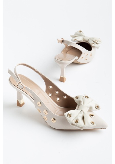 Kadın İnce Topuklu Stiletto Bej Saten Fiyonklu-4691 Bej