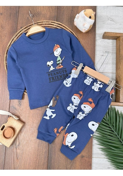 Bisiklet Yaka Peanuts Friends Baskılı Alt Üst Pijama Takımı 4bb2 Lacivert